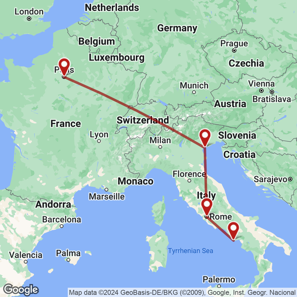 Route for Paris, Venice, Rome, Sorrento tour